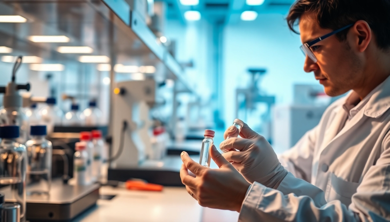 Highlighting Peptides UK research, scientists analyze peptide structures in a modern lab.