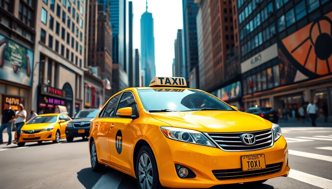 Taxi navigating through a busy city street, showcasing urban life and travel.