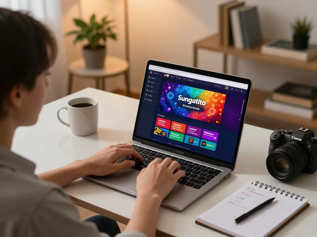 Engaging online gambling session using link sungaitoto on a laptop at a cozy home workspace
