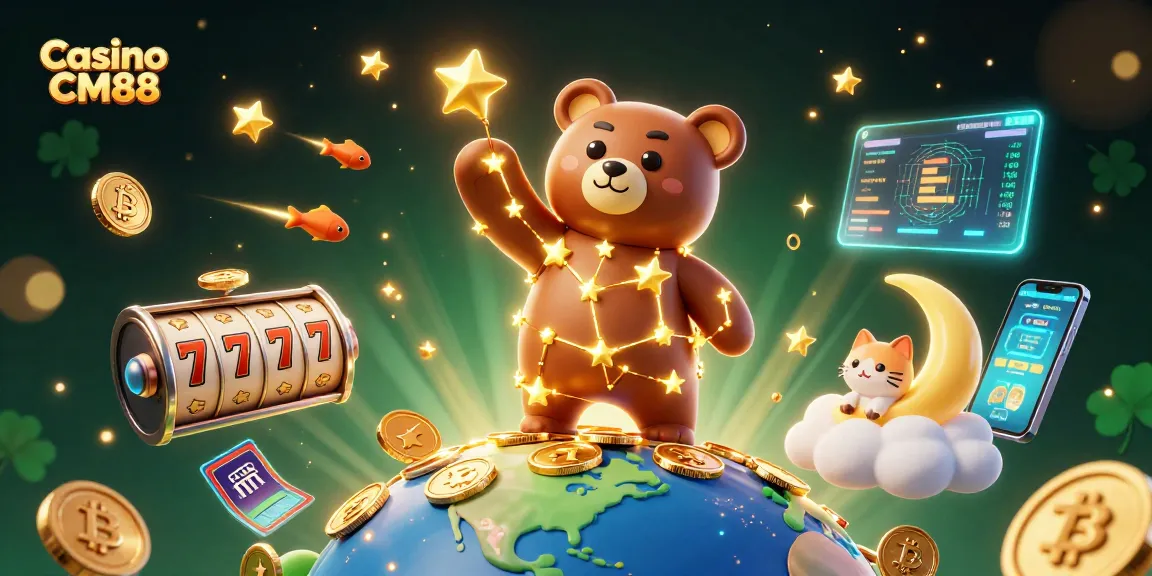 Experience thrilling wins at Casino CM88 with slot games, dazzling gold stars, and animated crypto elements.