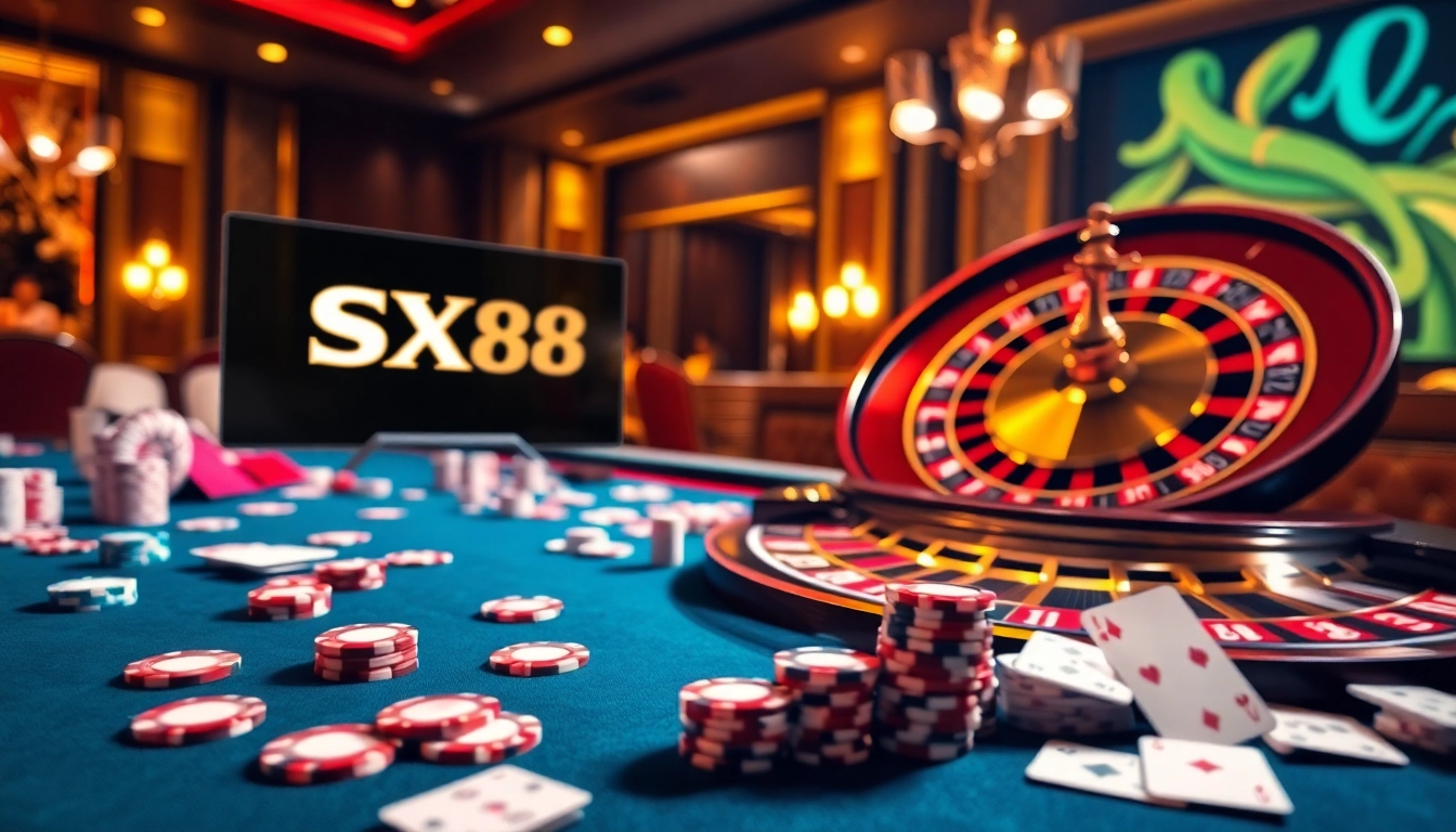 SX88 casino table with vibrant chips and cards, inviting gamblers to engage in high-stakes betting.