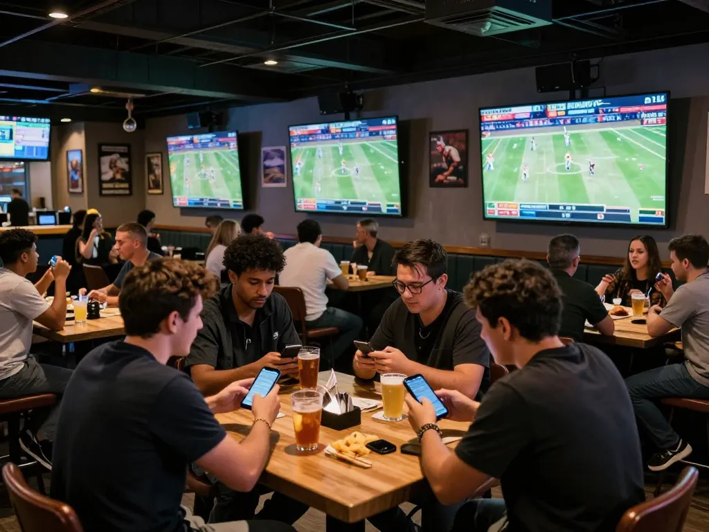 Savvy bettors strategizing in a lively sports bar while enjoying soi keo nha cai games