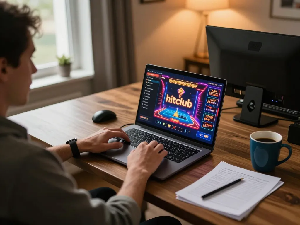 Experience hitclub gaming on a laptop, surrounded by strategy notes and a cozy atmosphere.