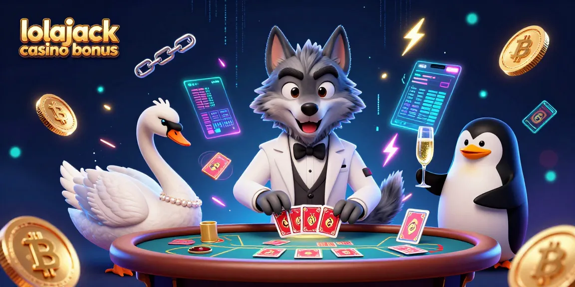 Activate the lolajack casino bonus by engaging with a vibrant casino scene featuring card games and animated characters.