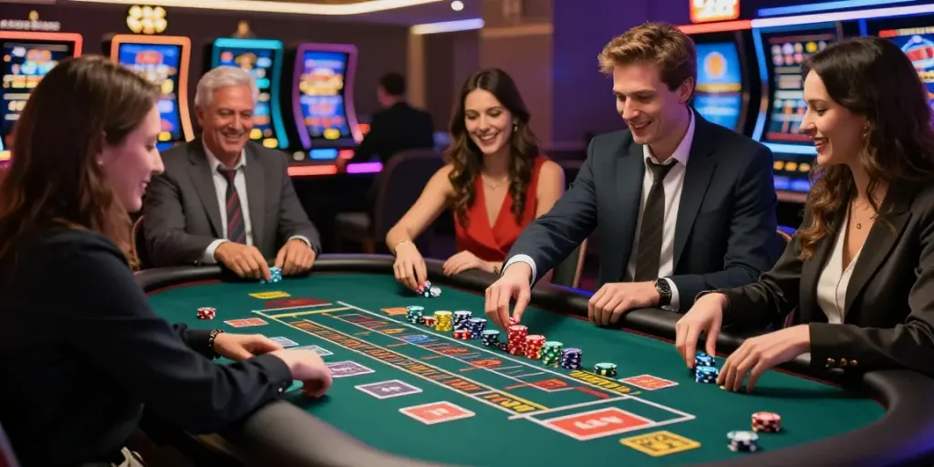 Players enjoying a game at a lively non Gamstop casino, showcasing excitement and camaraderie.