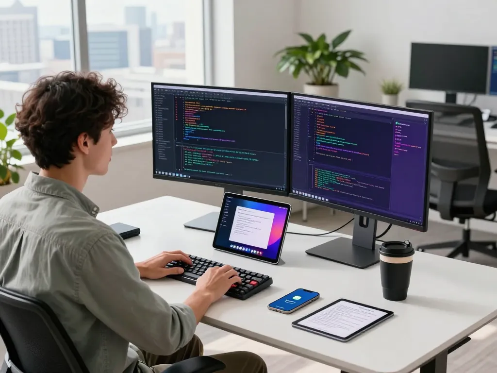 Developer using Mac mini in a bright office with dual monitors, showcasing coding and productivity.