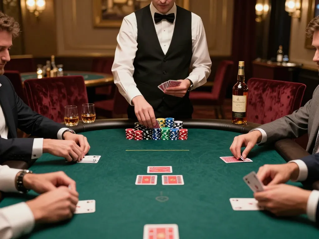 Players engaged at a high-stakes poker table in an elegant casino setting featuring F168 branding.