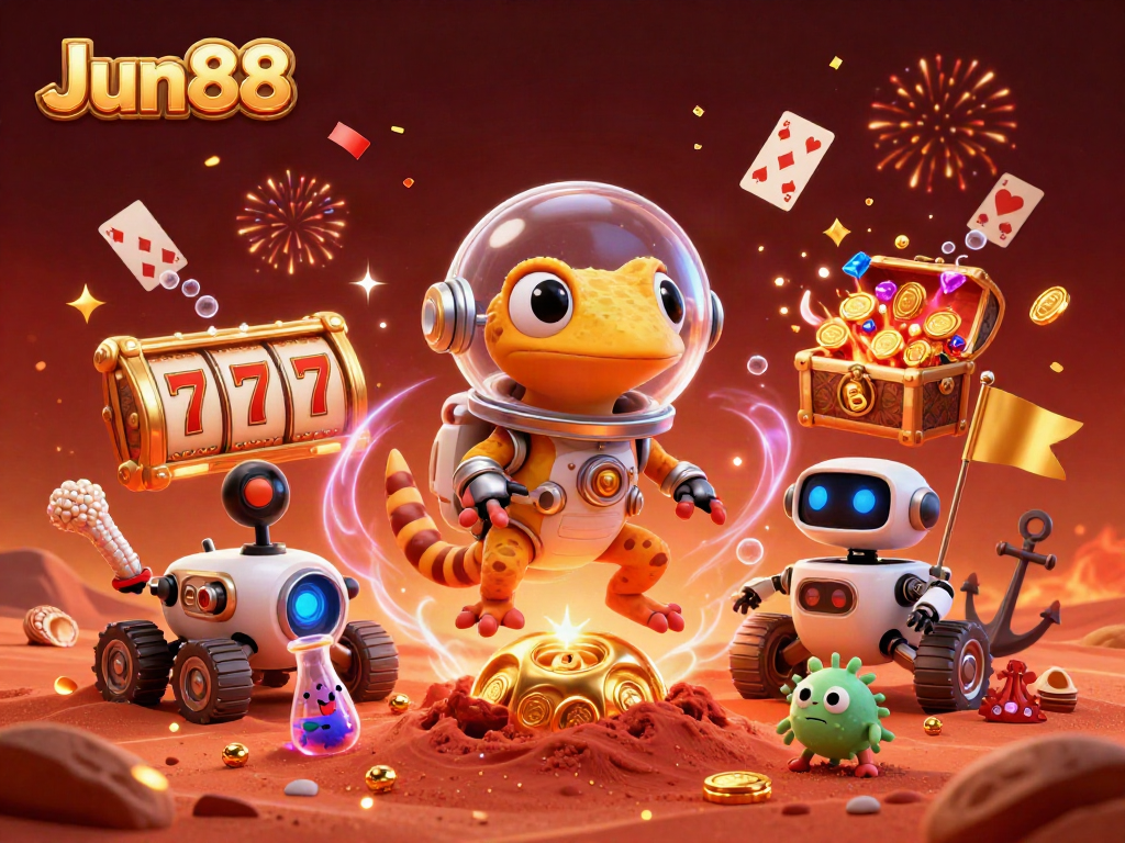 Engage with Jun88's vibrant casino adventure featuring a Martian gecko and captivating slot elements.