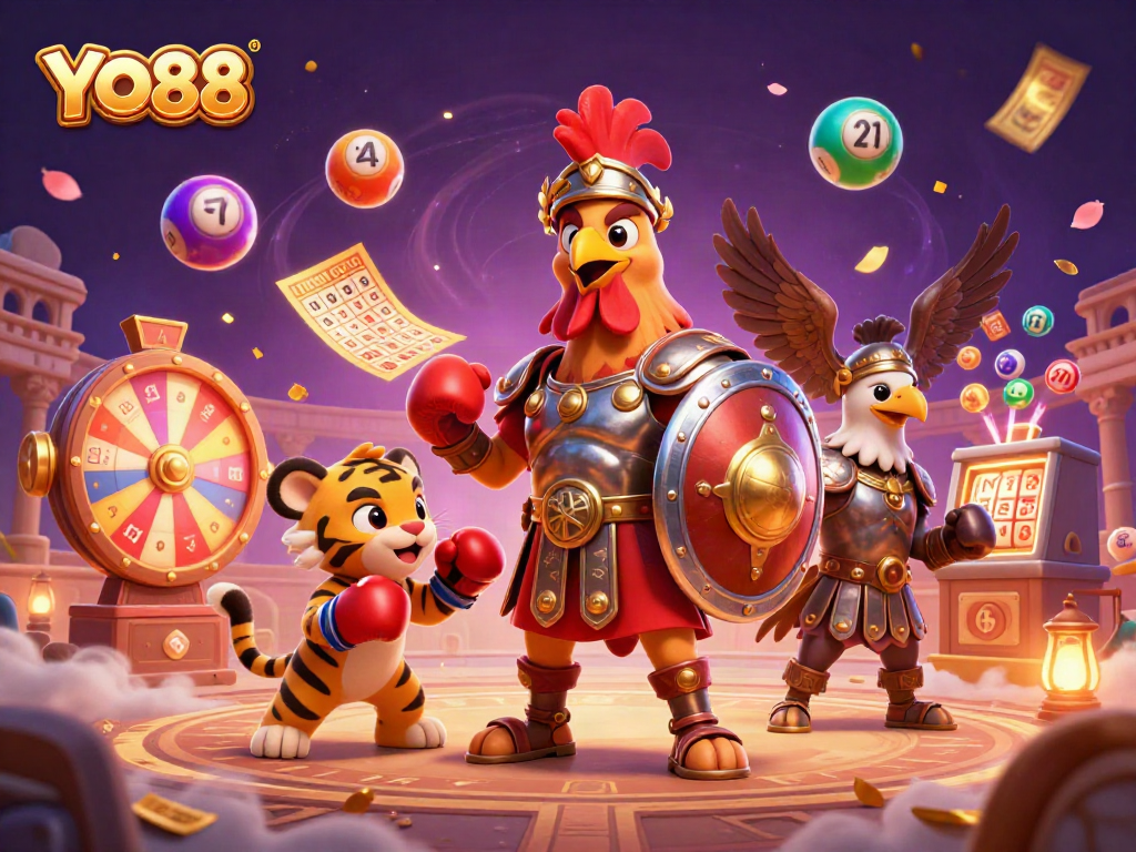 Engage with YO88's vibrant gaming world featuring a gladiator rooster, dynamic lottery elements, and festive atmosphere.