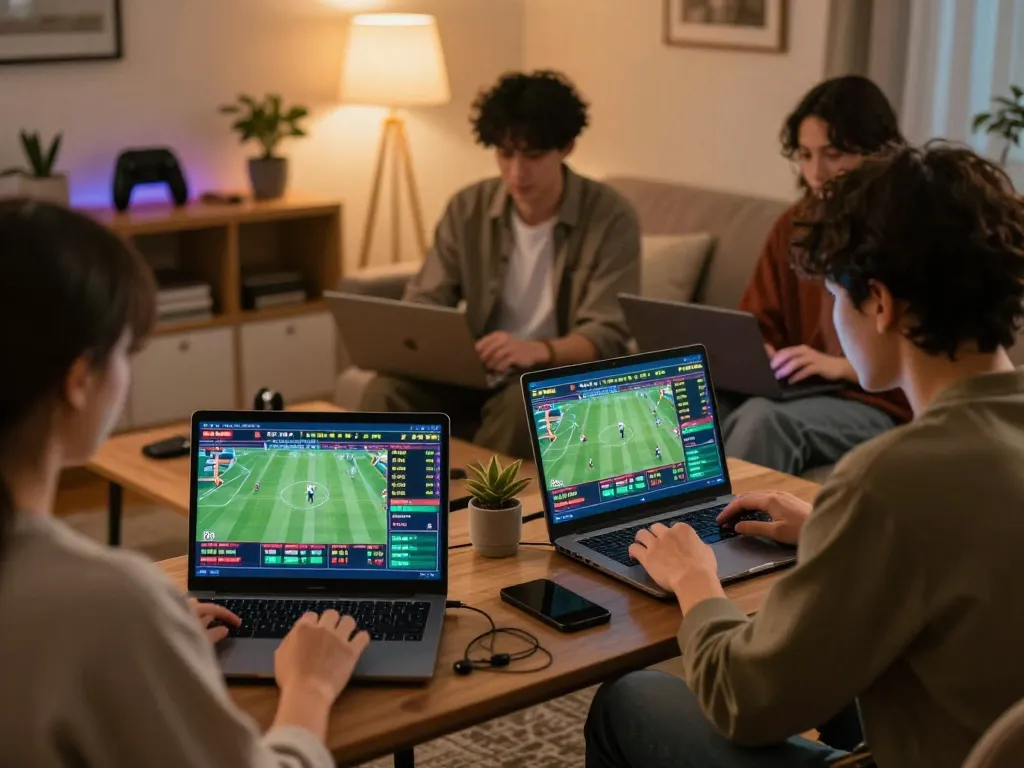 Users place bets on f8bet with engaging interfaces in a cozy setting, illustrating sports betting excitement.
