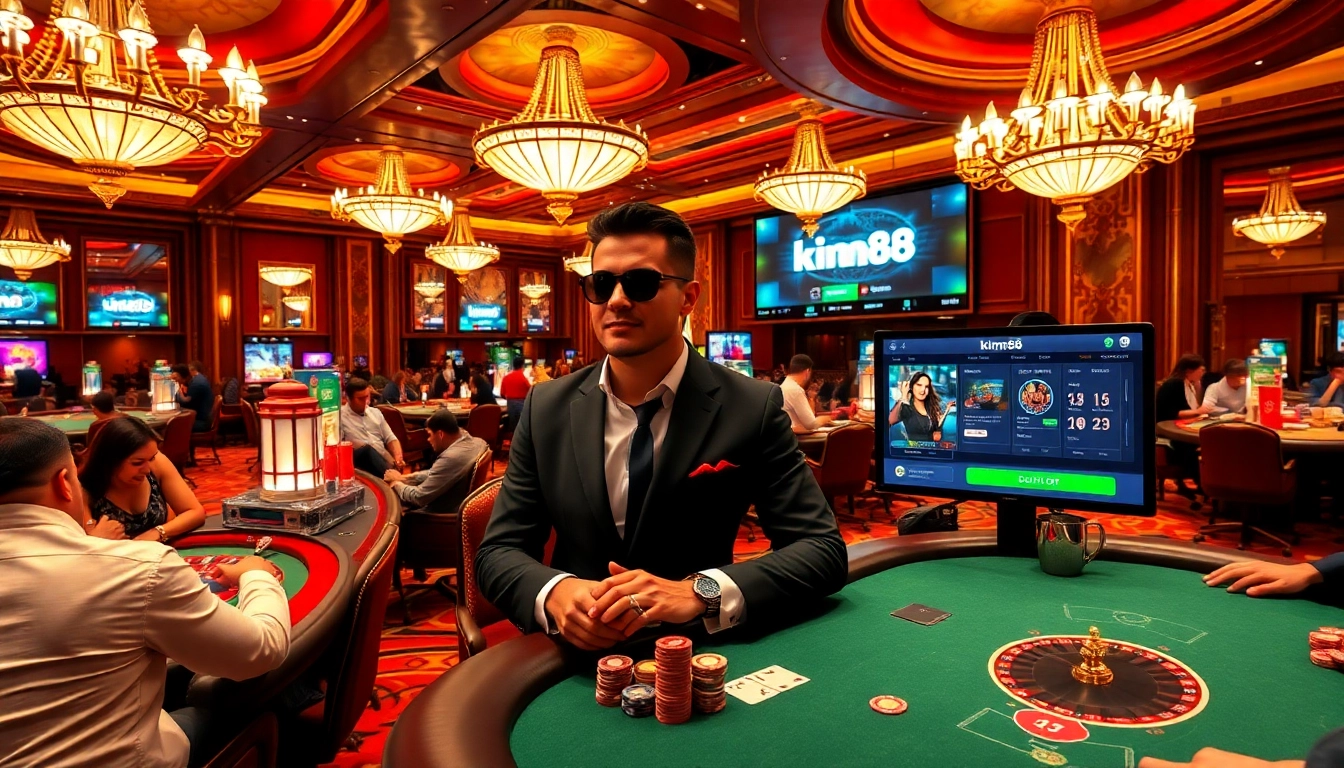 Exciting casino scene with players enjoying games at kim88 tables with colorful chips.