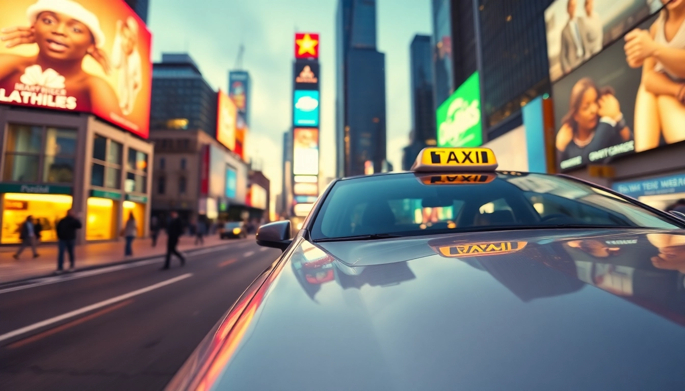 Taxi navigating a bustling city street under twilight lights.