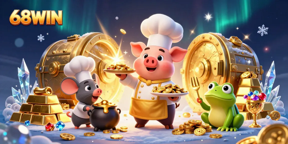 Experience the thrill of winning with 68WIN as characters celebrate a bounty of gold coins and treasures.