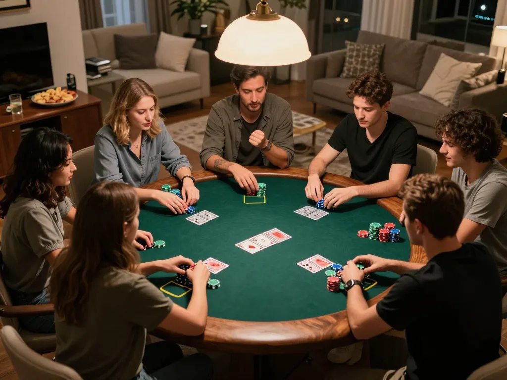 Engaging poker night scene showing friends at a table, highlighting nhà cái uy tín Sunwin experience.
