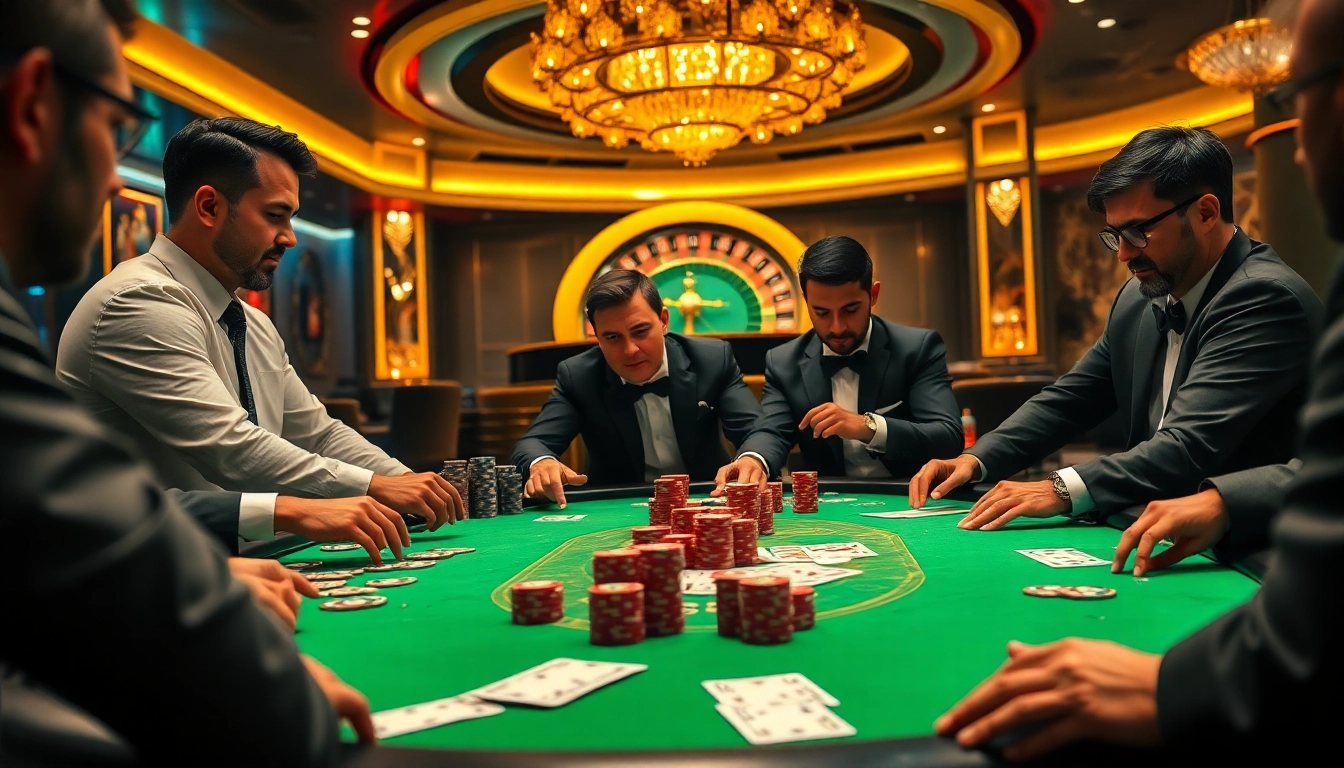 An exciting poker scene at https://jun88.pizza/ with gamblers focused on their cards and stacks of vibrant chips.
