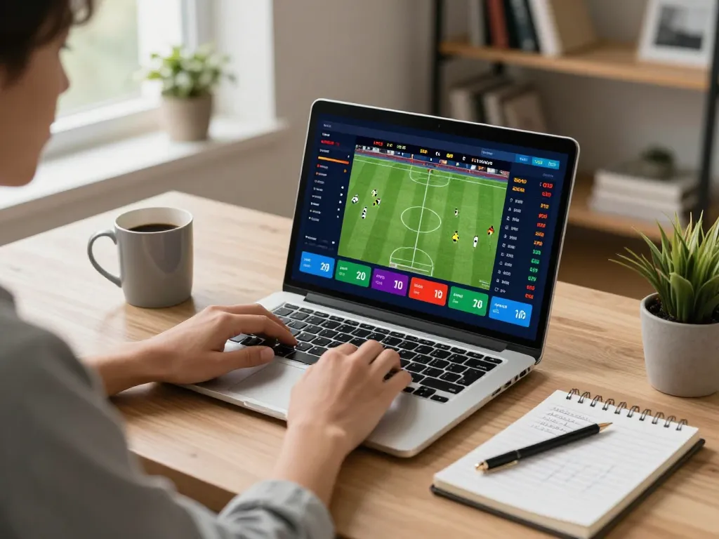 Betting on OPEN88 using laptop during live sports event, showcasing engaging online gambling experience.