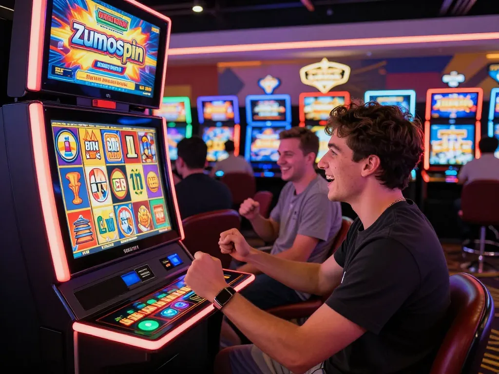 Joyful player celebrating a win at Zumospin Casino review scene, vibrant slot machines and exciting atmosphere.