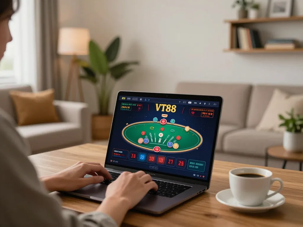 Engaging online blackjack game at VT88, showcasing a comfortable home gaming setup with a laptop, emphasizing strategic gameplay.