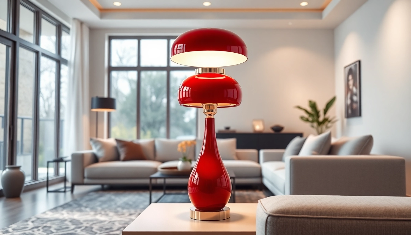 Stylish interior featuring the RR999 table lamp with polished finish and ruby red ceramic.