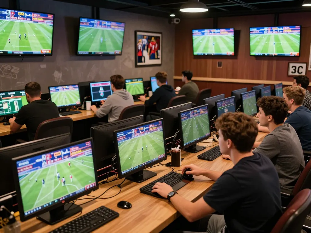 Dynamic scene of sports bettors analyzing odds on trang cá cược bóng đá screens in a lively lounge.