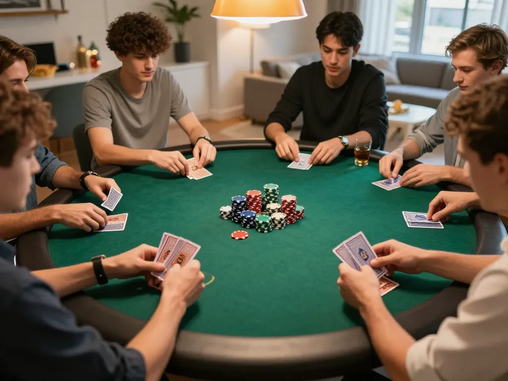 Exciting poker night scene at home with players engaged around the table showcasing strategy in iwinclub.