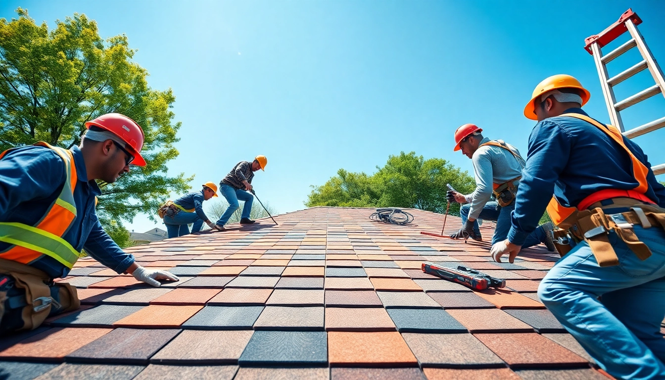 Roofing company team installing vibrant shingles on a sunny residential roof.