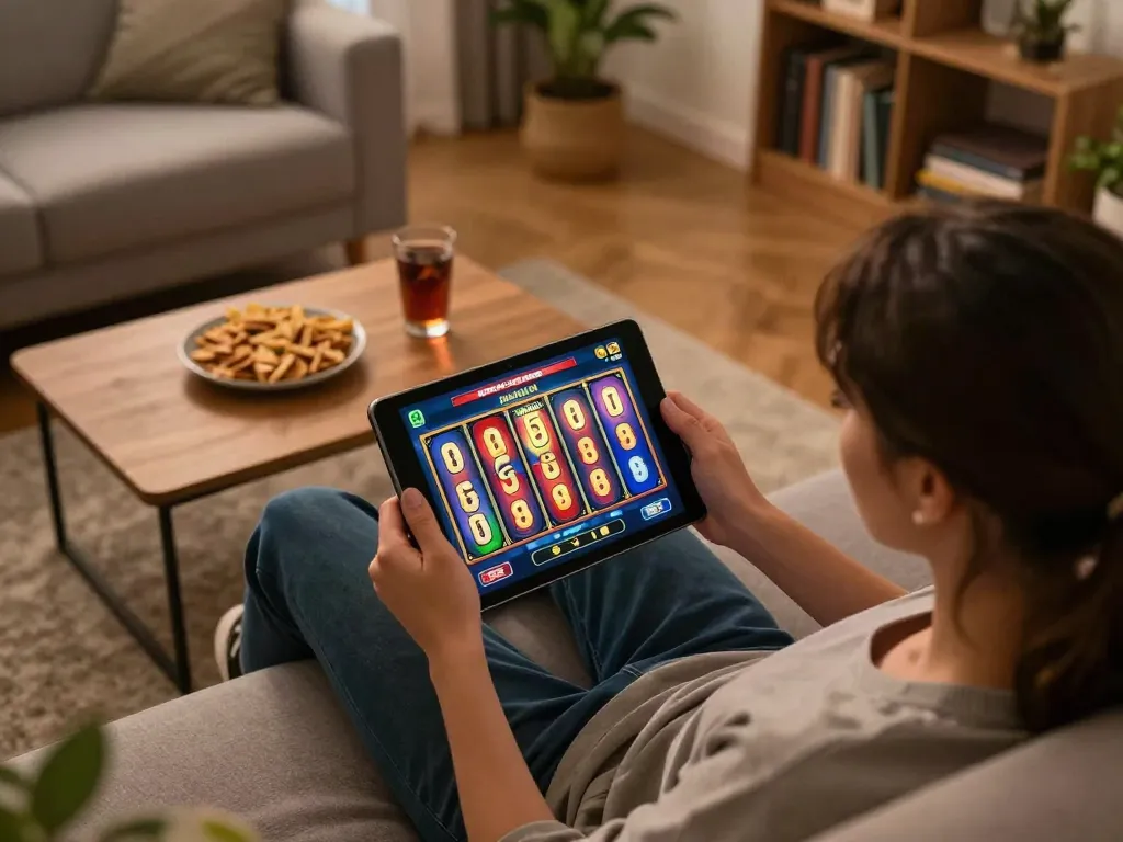Engaging in situs slot gaming at home with vibrant reels displaying potential wins.