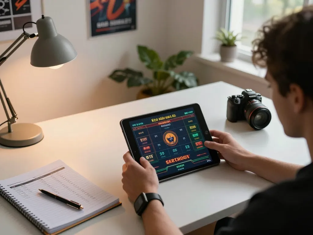 Engaging in kèo nhà cái online betting strategy during a cozy home session with tablets and notes.