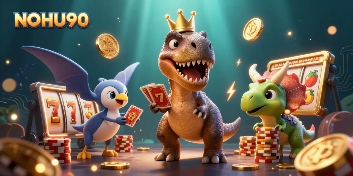 Engage with NOHU90 slots as the T-Rex and friends explore vibrant casino elements and jackpot excitement.