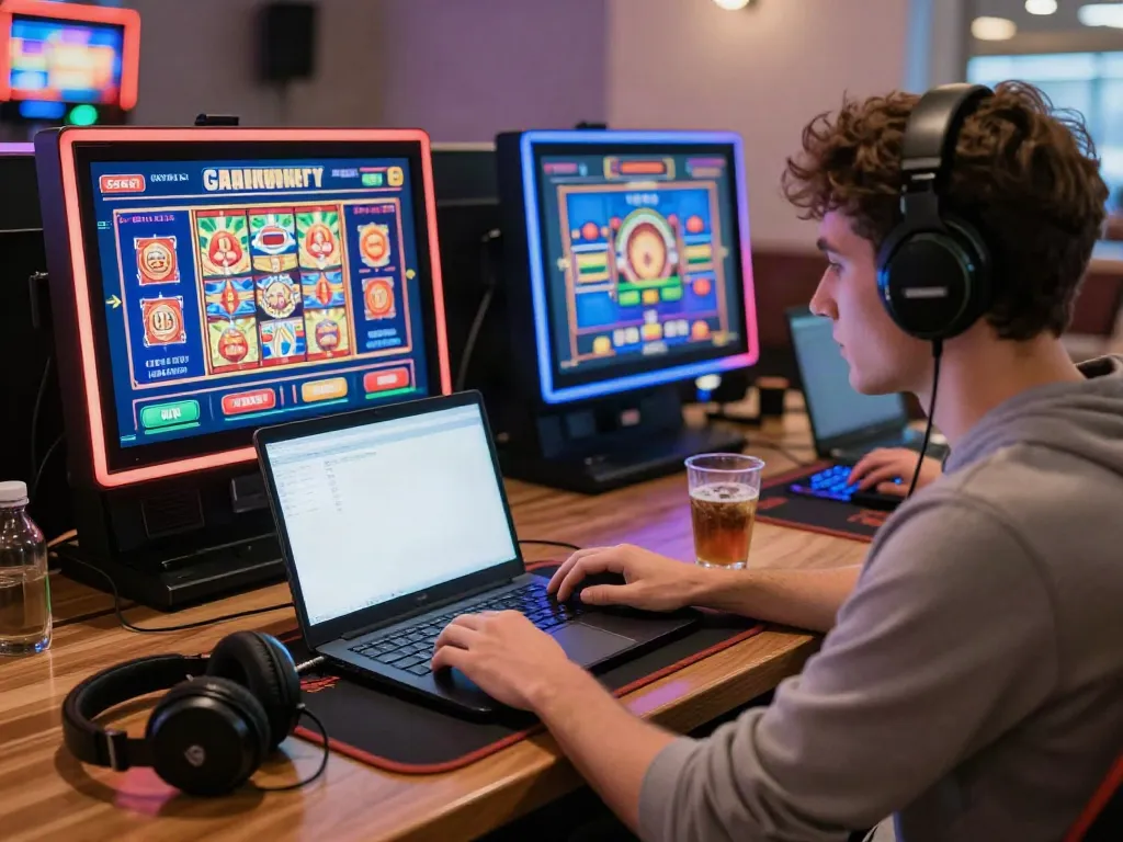 Engaging scene of a player at a casino not on GamStop, immersed in online gaming.