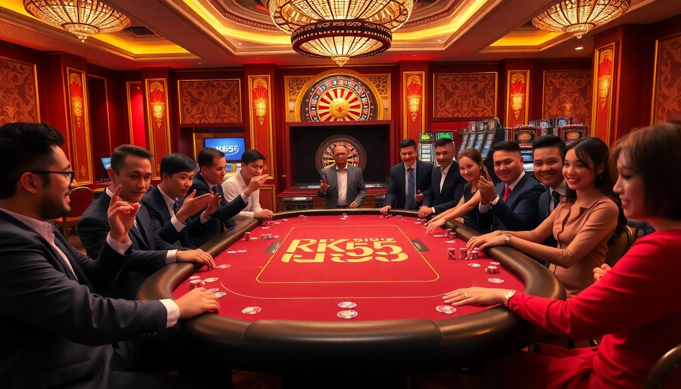 Players enjoying a high-stakes game at the KK55 poker table in a luxurious casino.