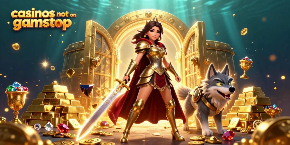 Win big at casinos not on gamstop with this illustrated casino scene showcasing vibrant treasures.