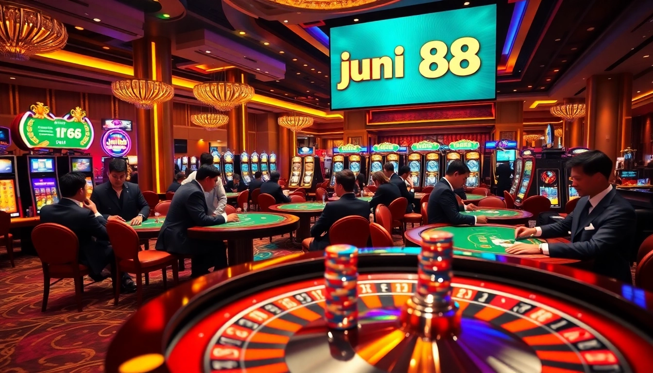 Gamblers at jun 88 casino engage in exciting roulette and poker gameplay, surrounded by vibrant atmosphere.