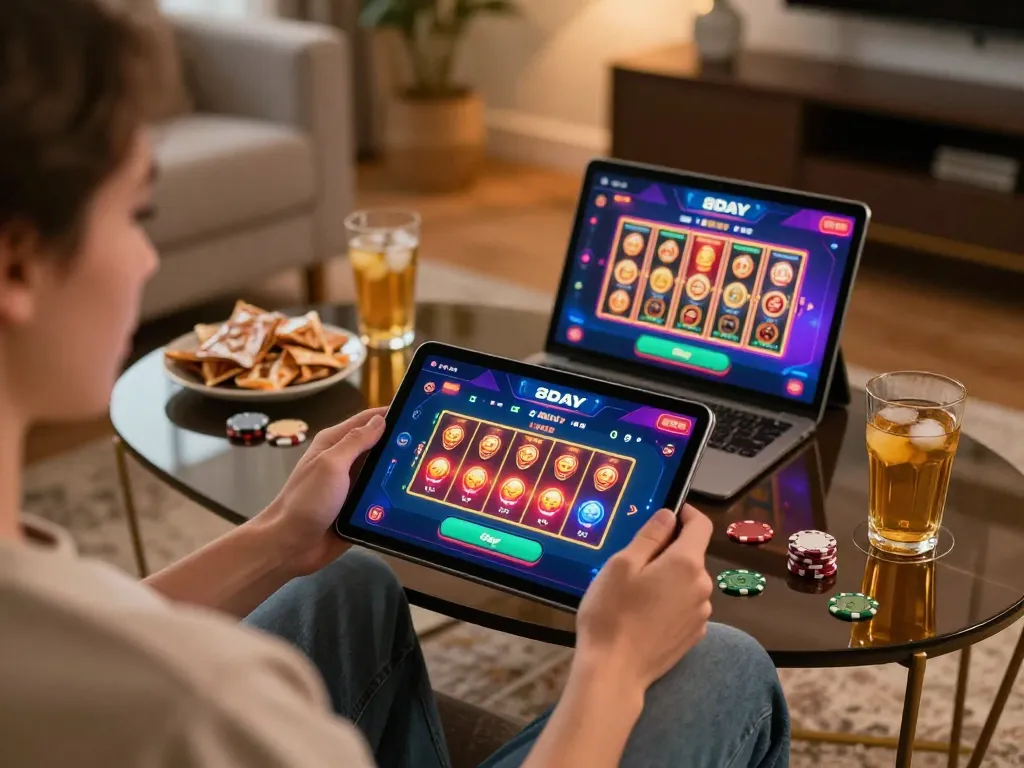 Player engaging with the 8day casino app in a cozy home setting, emphasizing online gambling.