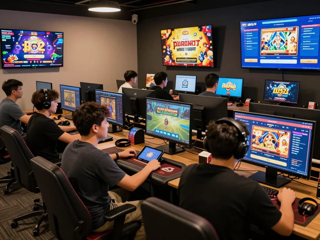 B52 gaming portal featuring diverse players enjoying slots and table games in a vibrant online environment.