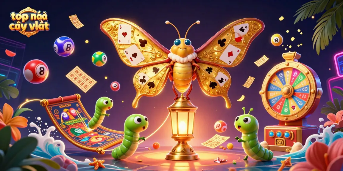 Engage with top nhà cái uy tín through this vibrant casino-themed illustration showcasing gaming elements and a unique moth character.