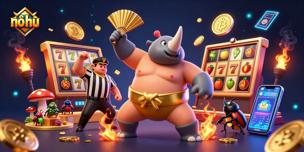Experience nổ hũ excitement with a dynamic scene featuring a beetle champion, slot symbols, and crypto coins.