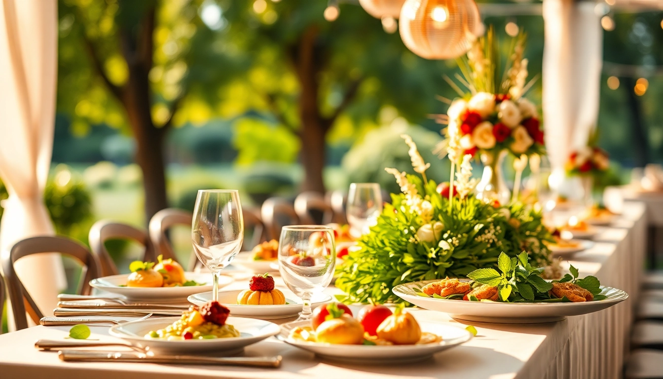 Catering setup by cateringhirelondon featuring gourmet dishes and elegant decor in a vibrant outdoor venue.