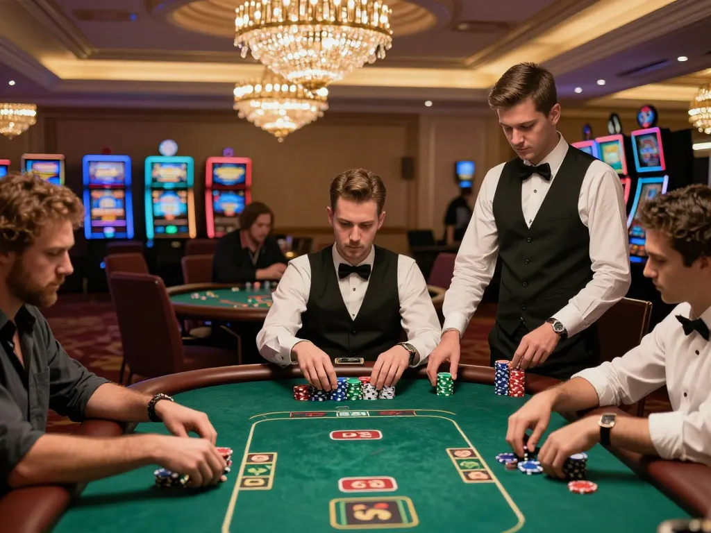 Engaging poker game at Debet casino with players making bets, showcasing luxury gambling experience.