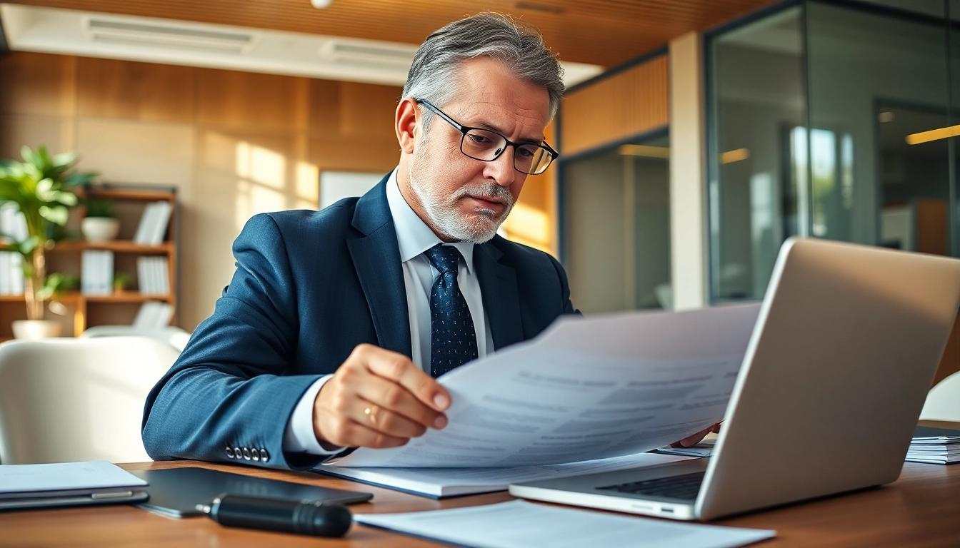 Lawyer reviewing Wills in a modern office, demonstrating expertise and professionalism.