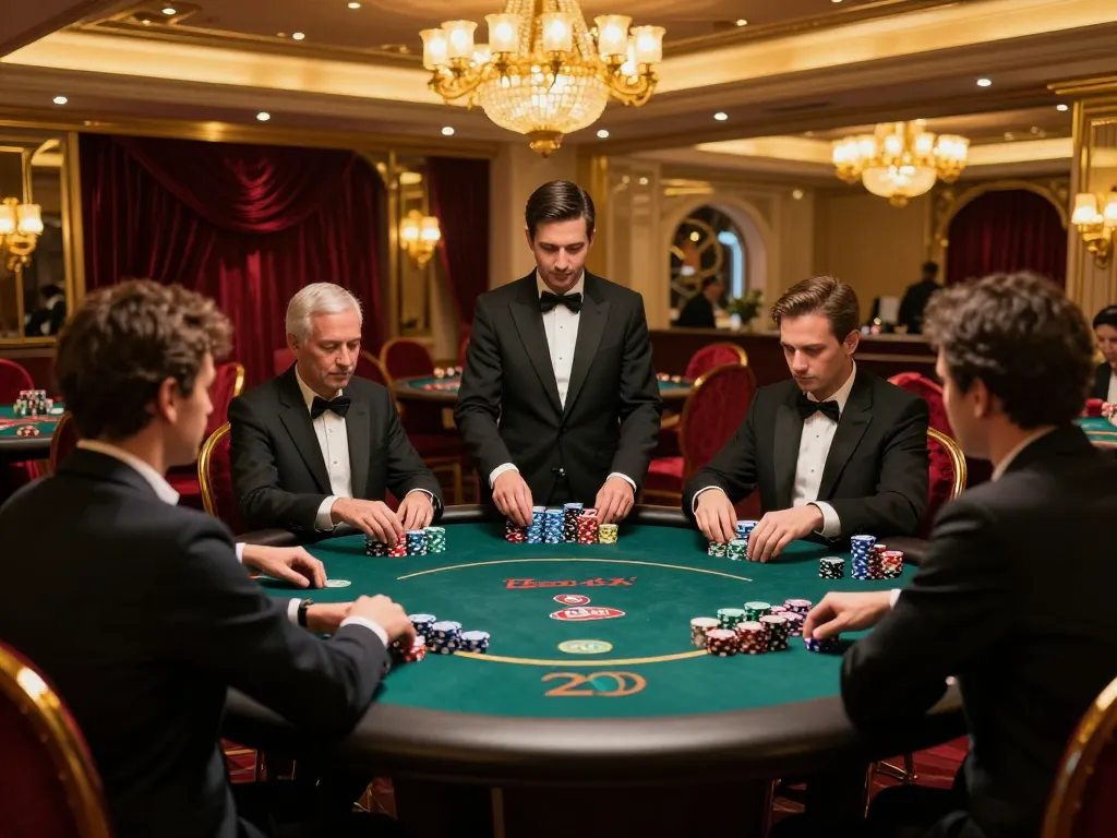 Players strategizing at TR88 poker table in elegant casino setting with luxury decor.