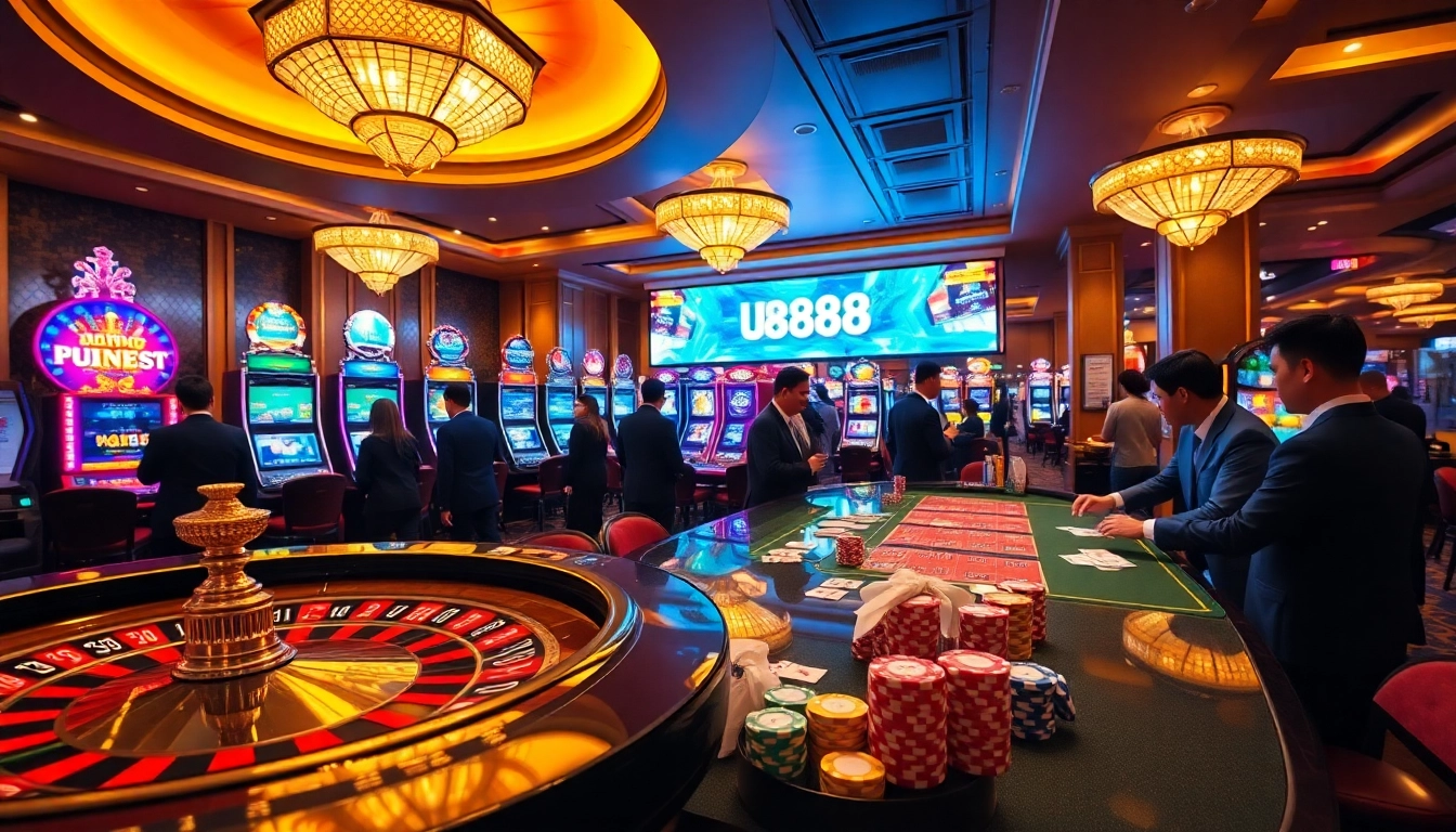 Gambling enthusiasts enjoying an exciting game at U8888 Casino tables with roulette and slots.