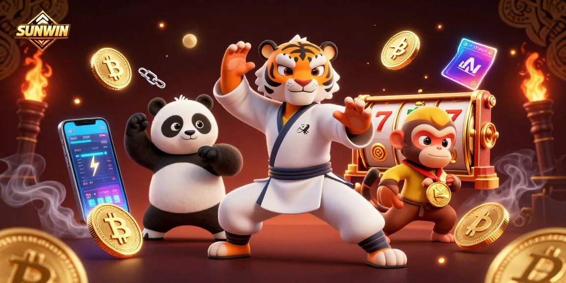 SUNWIN casino scene with a kung fu tiger mastering slots surrounded by crypto coins.