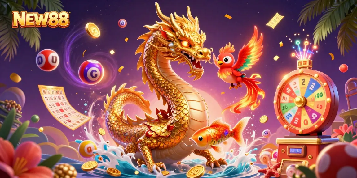 Experience fortune at NEW88 with a dynamic scene featuring a golden dragon and vibrant game elements.