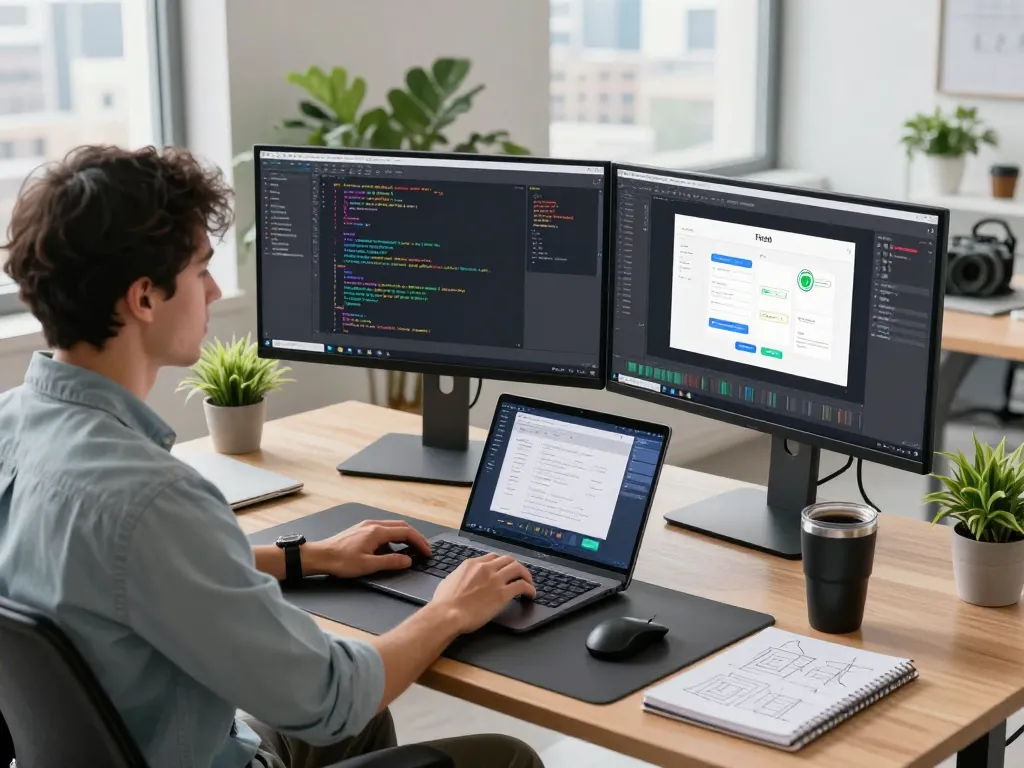 Open claw AI assistant showcased in a tech workspace with dual monitors and vibrant coding.