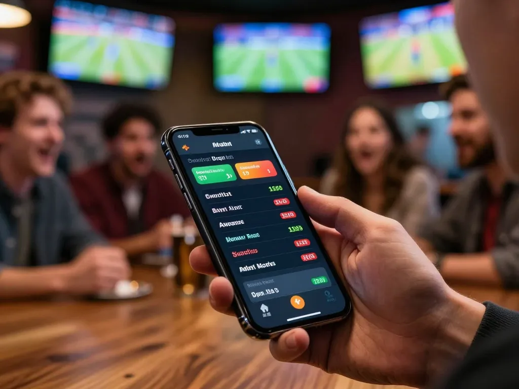 Placing bets on 32win sports app in a lively bar atmosphere with live matches on screens.