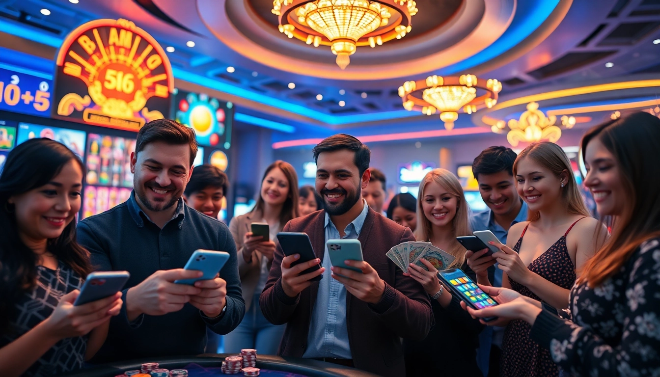 Exciting online casino experience at 566 with players engaging in various games and vibrant lights.