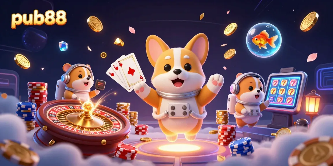 Experience thrilling gameplay at pub88 with floating poker elements and vibrant animations.