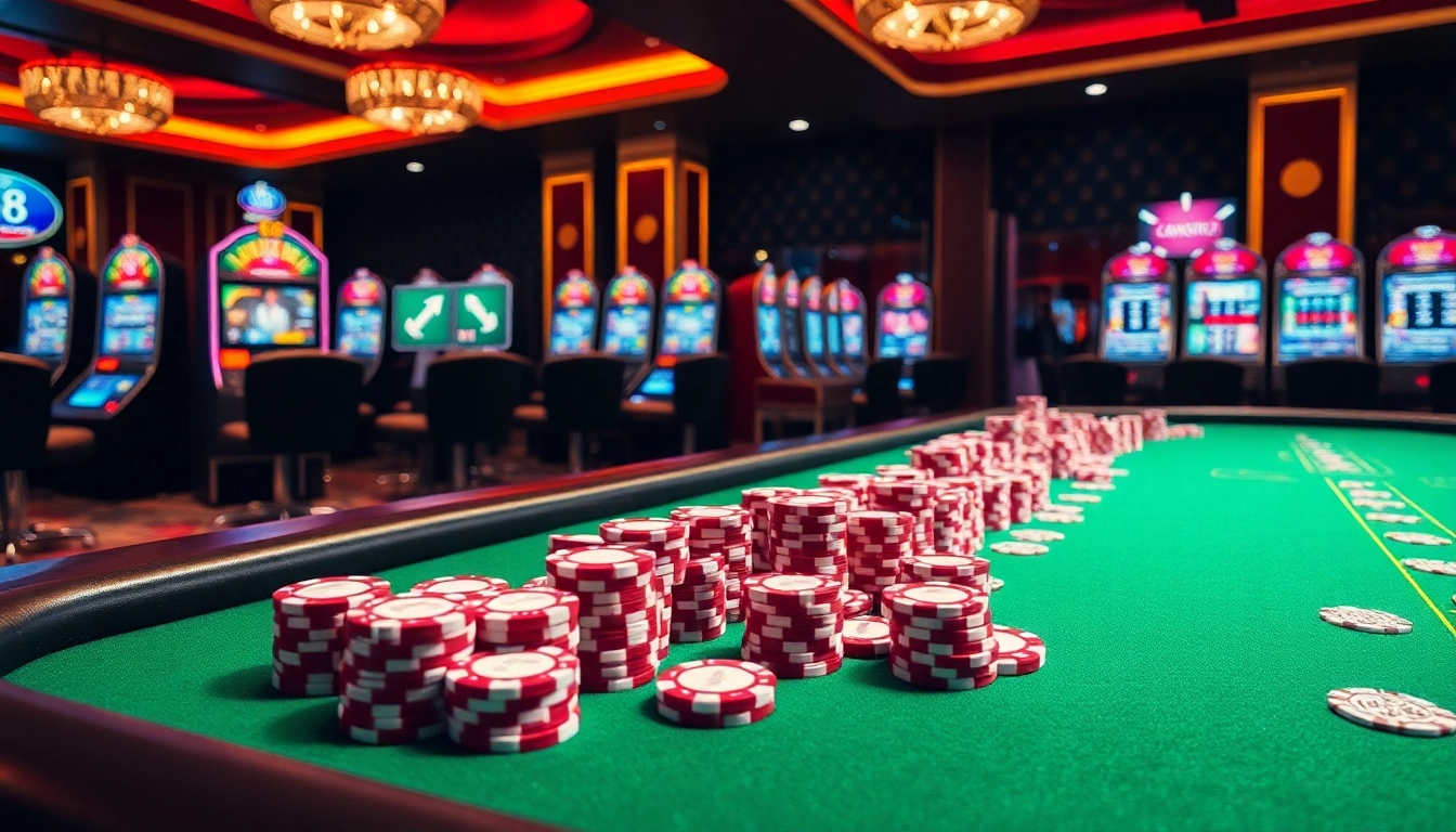 Experience thrilling online betting action at nhà cái mm88 with vibrant casino visuals showcasing poker tables and slot machines.