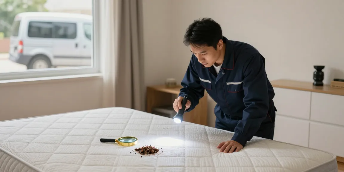 Expert bed bug exterminator inspecting mattress in a clean home setting
